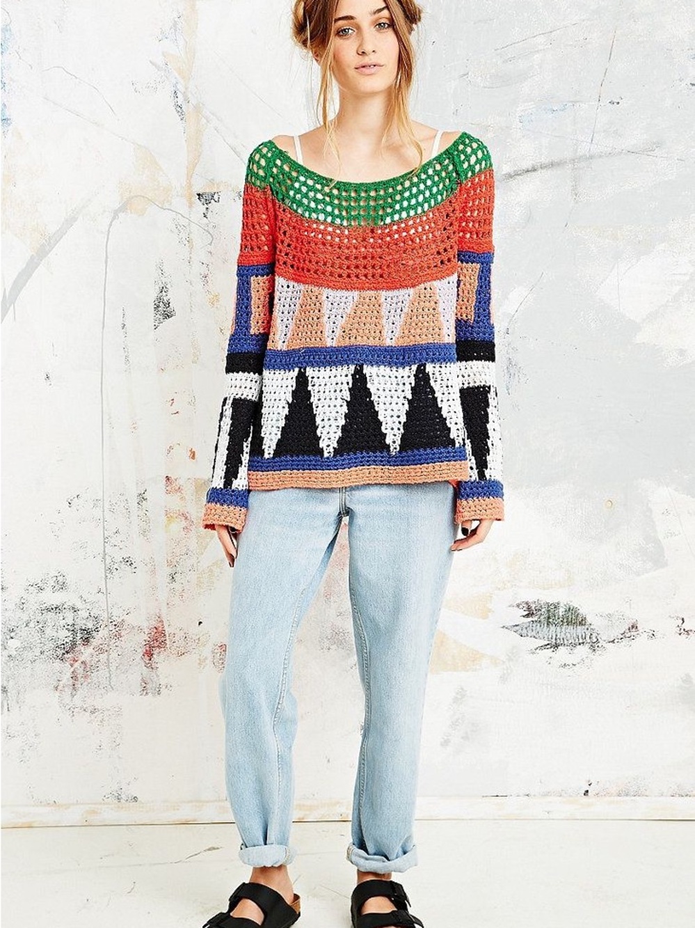 Free People Modern Art Geo Knit Crochet Sweater Multicolor Size Small